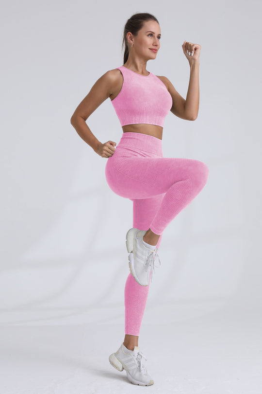 2pc Washed Sleeveless Top W/bra And Legging Set