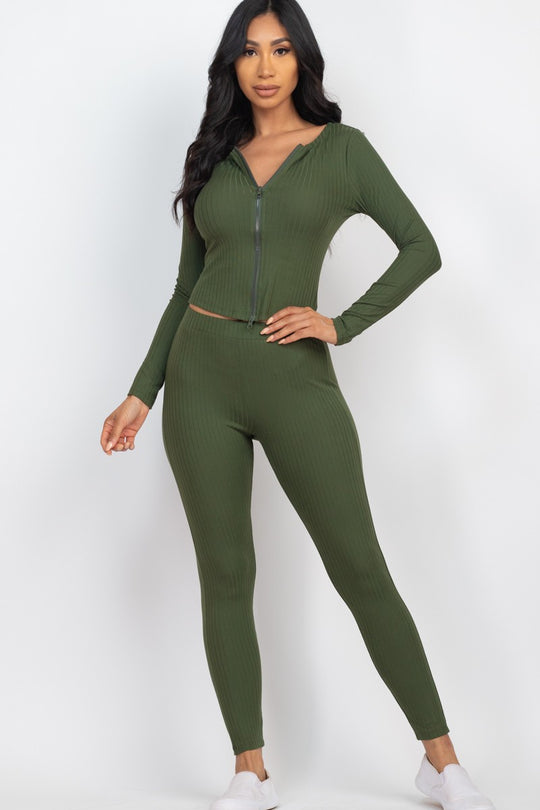 Ribbed Zip Front Long Sleeve Top & Leggings Set