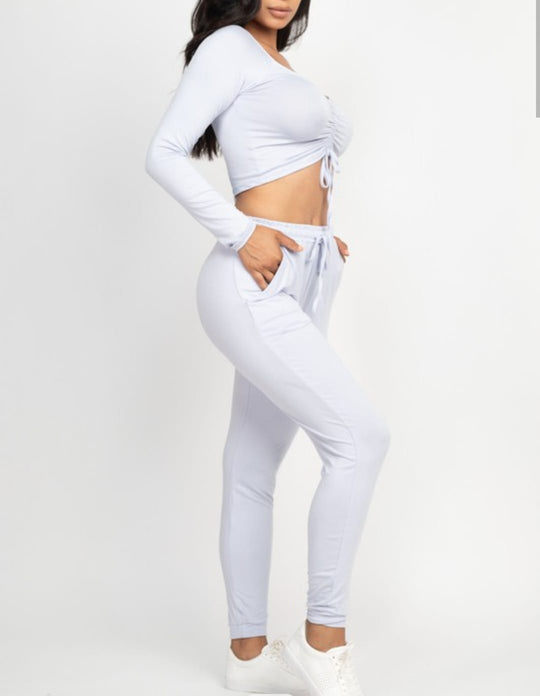 Summer Winds Strap Ruched Crop Top and Pants Set