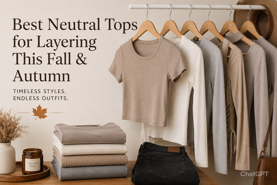 Best neutral tops for layering in fall and autumn featuring taupe, cream, grey, and beige women's fashion essentials styled with denim for versatile seasonal outfits.