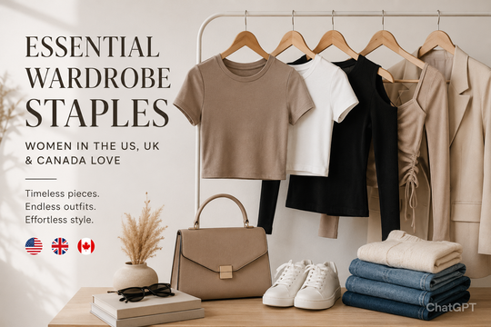Essential Wardrobe Staples women in US, UK & Canada for 2026, showcasing versatile pieces like fitted tees, cropped tops, and statement blouses that elevate style effortlessly.