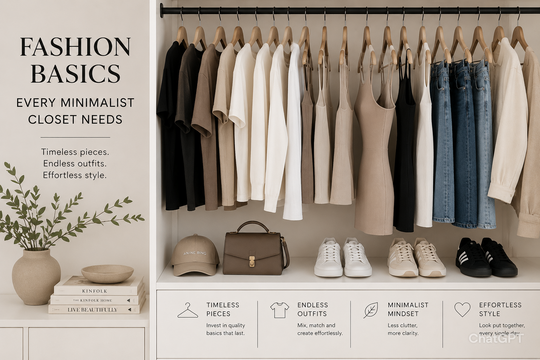 Fashion Basics Every Minimalist Closet Needs - A woman showcasing essential minimalist fashion pieces like versatile tops, structured denim, and neutral dresses, illustrating how to style fashion basics effortlessly for everyday wear.