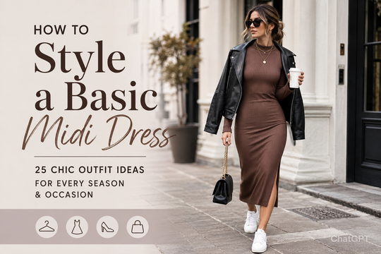 How to Style a Basic Midi Dress: 25 Chic Outfit Ideas for Every Season & Occasion featuring a model in a stylish basic midi dress paired with sneakers.