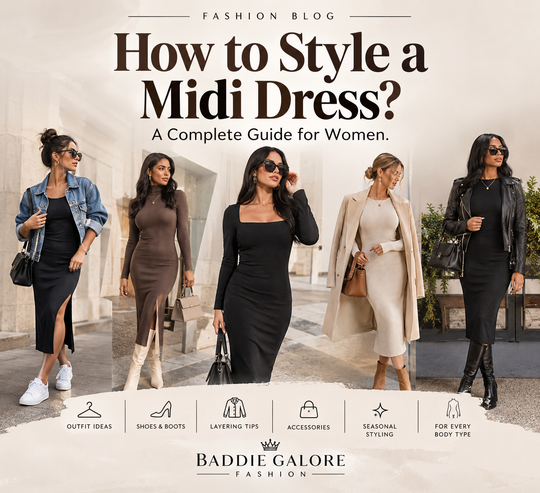 How to Style a Midi Dress: The Complete Guide for Women featuring versatile midi dress outfit styling ideas for casual, work, date night, and seasonal looks