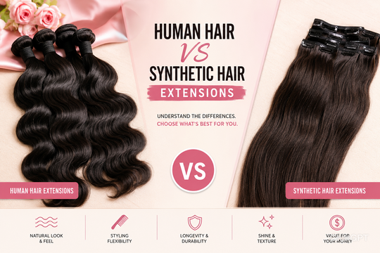 Image showcasing the key differences between Human Hair vs Synthetic Hair Extensions, highlighting their varied textures, styling options, and appearance.