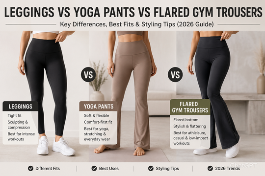 Comparison of Leggings vs Yoga Pants vs Flared Gym Trousers explained in 2026 guide. This image showcases various styles of Leggings, emphasizing their versatility and comfort for workouts and casual wear.