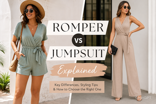 Romper vs Jumpsuit explained: A visual comparison showcasing the differences in their styles, features, and occasions for wearing each one.