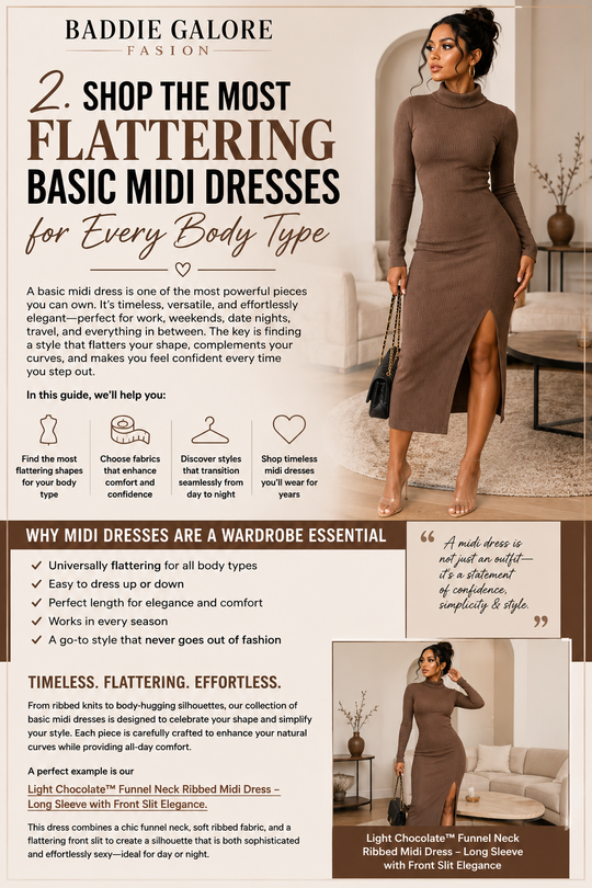 Flattering Basic Midi Dresses for Every Body Type showcasing various styles and colors in a casual setting.