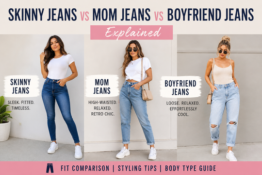 Comparative visual of Skinny Jeans vs Mom Jeans vs Boyfriend Jeans showcasing the different fits and styles for women's denim fashion.