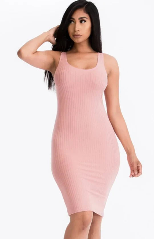 Polished midi dresses collection featuring a Light pink Funnel Neck Rib Slit Front Long Sleeve Midi Dress, showcasing clean lines and a flattering fit perfect for day to night occasions.