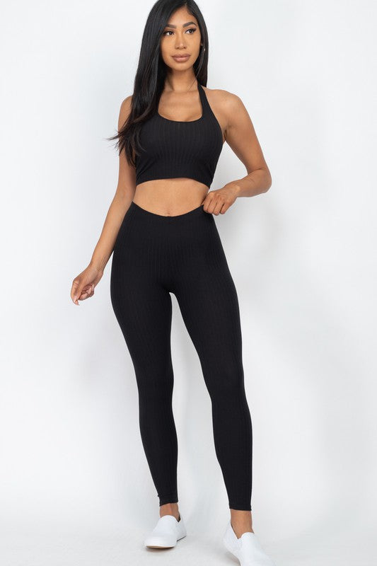 Ribbed Back Tied Halter Neck Top & Leggings Sets