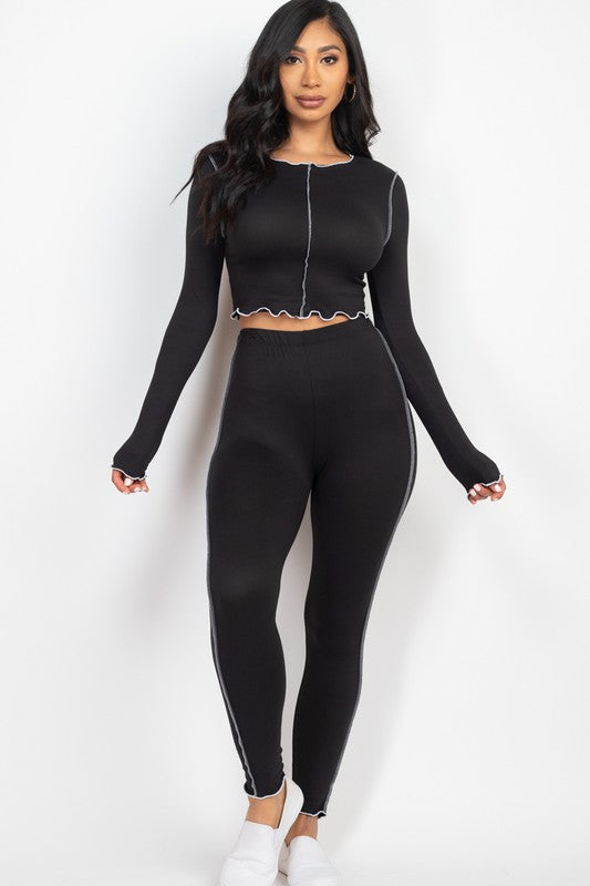 Set Lettuce Edge Long Sleeve Crop Top & Leggings