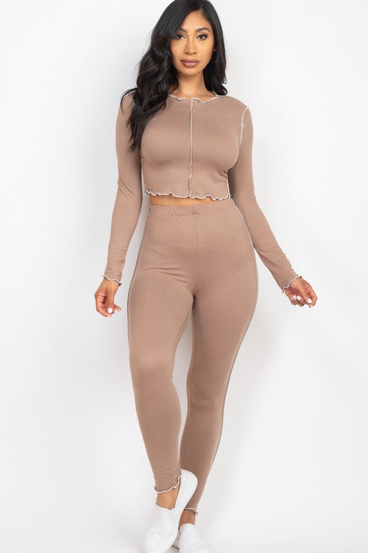 Set Lettuce Edge Long Sleeve Crop Top & Leggings