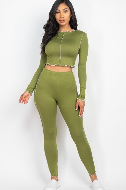 Set Lettuce Edge Long Sleeve Crop Top & Leggings