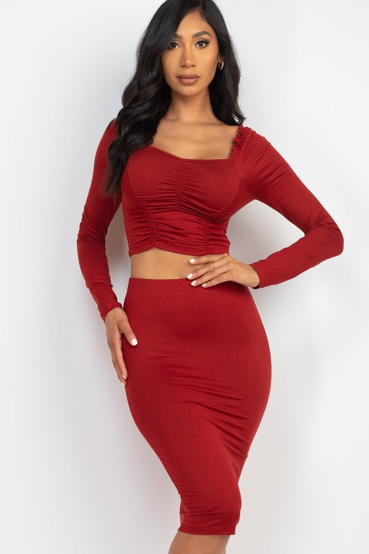 Ruched Long Sleeve Top & Pencil Skirt Set
