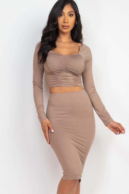 Ruched Long Sleeve Top & Pencil Skirt Set