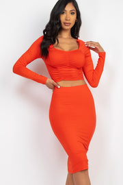 Ruched Long Sleeve Top & Pencil Skirt Set