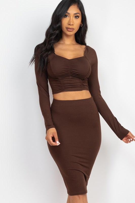 Ruched Long Sleeve Top & Pencil Skirt Set