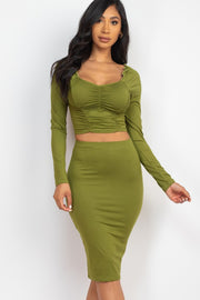 Ruched Long Sleeve Top & Pencil Skirt Set