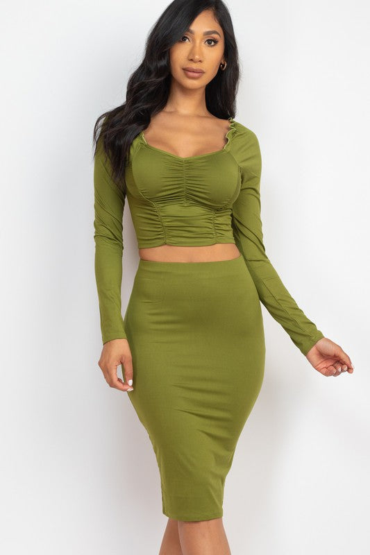 Ruched Long Sleeve Top & Pencil Skirt Set