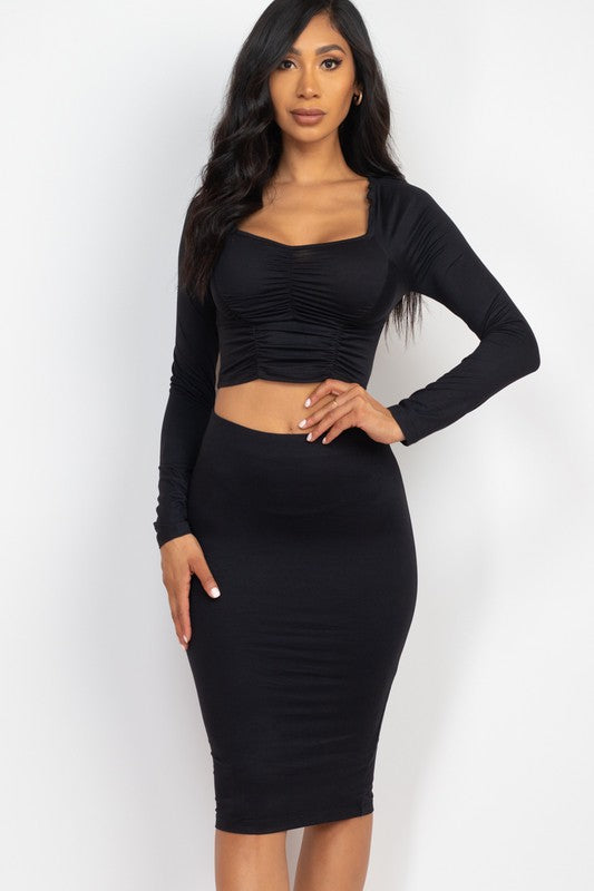 Ruched Long Sleeve Top & Pencil Skirt Set