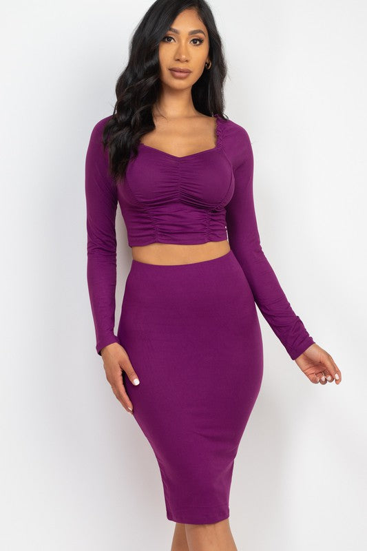 Ruched Long Sleeve Top & Pencil Skirt Set