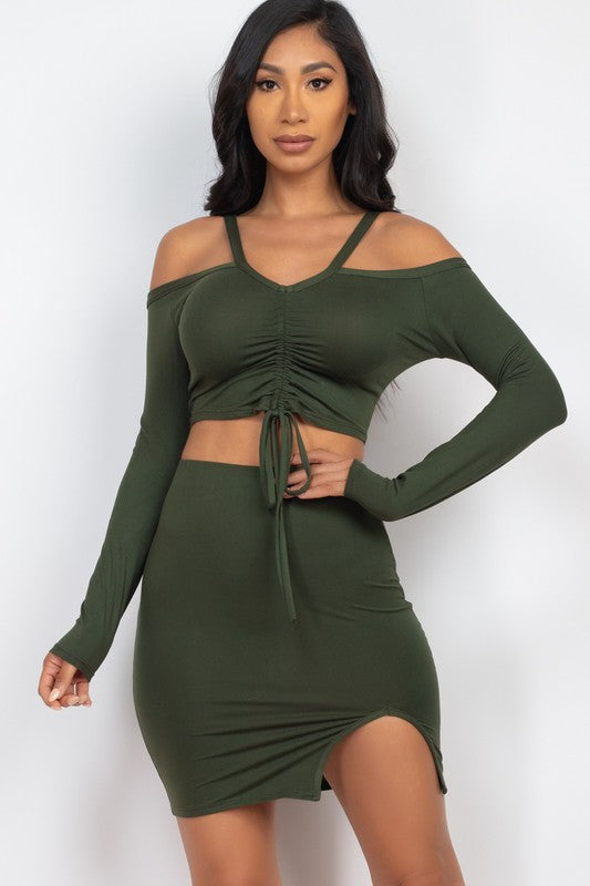 Ruched Drawstring Off Shoulder & Side Slit Set