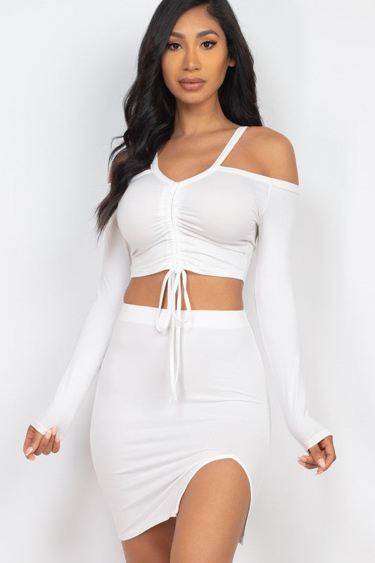 Ruched Drawstring Off Shoulder & Side Slit Set