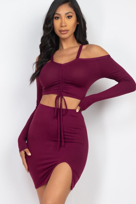 Ruched Drawstring Off Shoulder & Side Slit Set