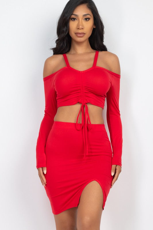 Ruched Drawstring Off Shoulder & Side Slit Set