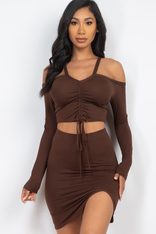 Ruched Drawstring Off Shoulder & Side Slit Set