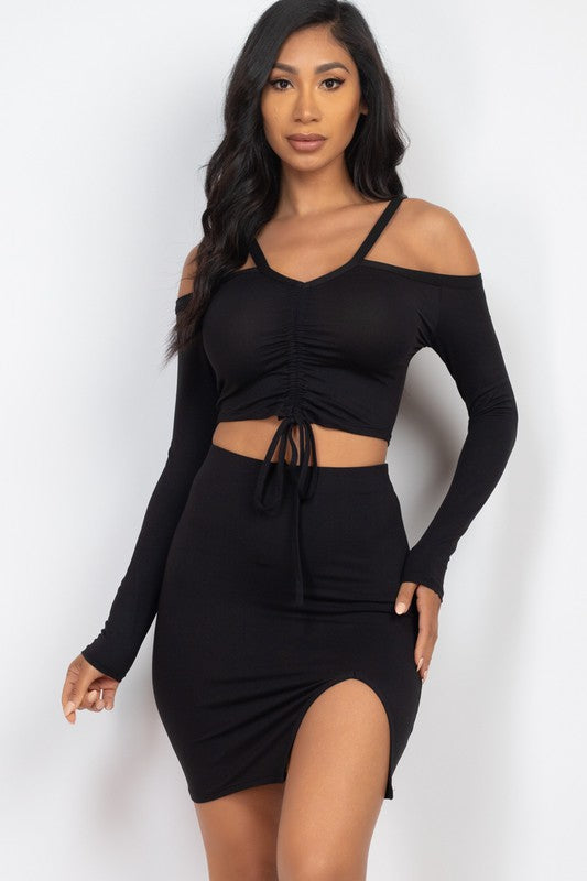 Ruched Drawstring Off Shoulder & Side Slit Set