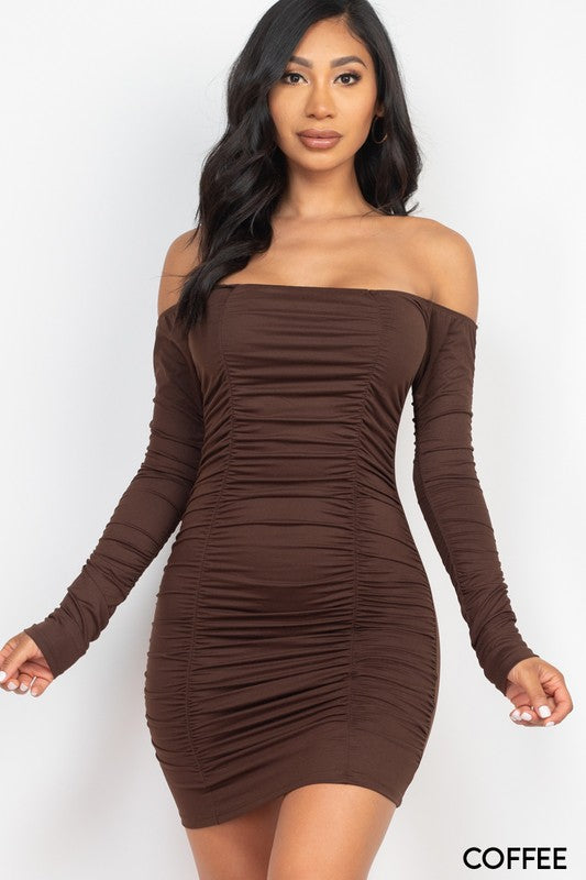 Off Shoulder Ruched Long Sleeve Dress