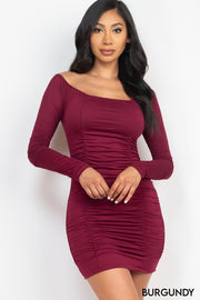 Off Shoulder Ruched Long Sleeve Dress