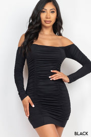 Off Shoulder Ruched Long Sleeve Dress