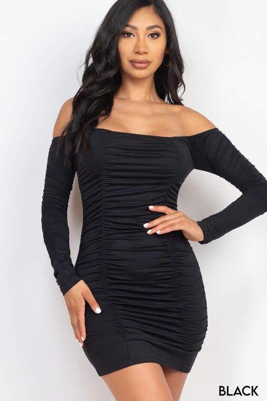 Off Shoulder Ruched Long Sleeve Dress