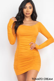 Off Shoulder Ruched Long Sleeve Dress