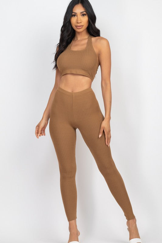 Ribbed Back Tied Halter Neck Top & Leggings Sets