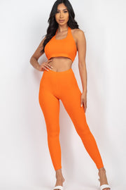 Ribbed Back Tied Halter Neck Top & Leggings Sets
