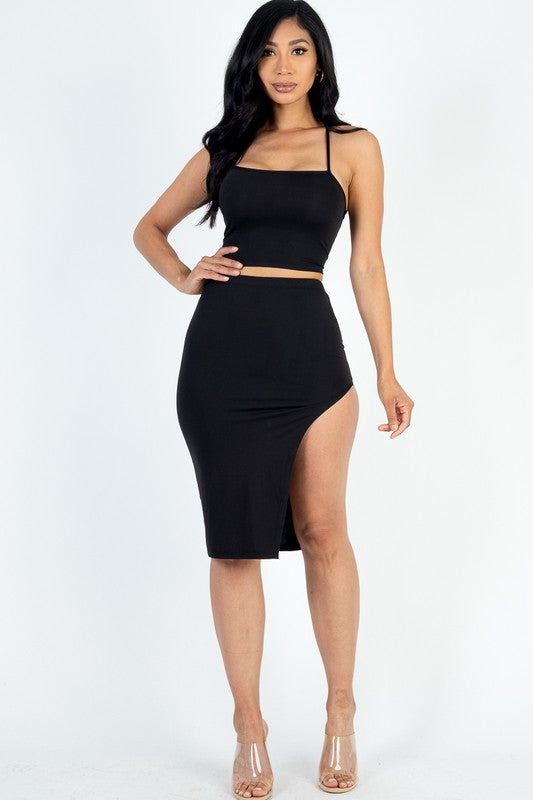 Crisscross Back Crop Top & Split Thigh Skirt Set