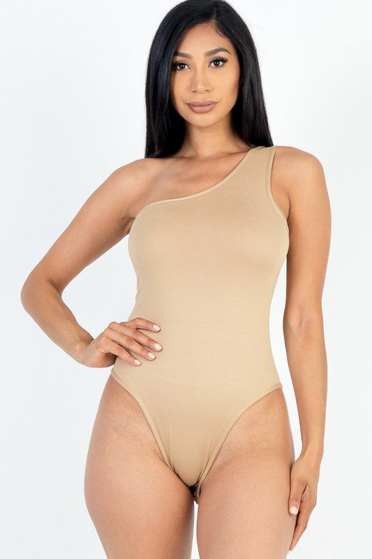 One Shoulder Solid Casual Bodysuit