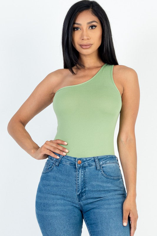 One Shoulder Solid Casual Bodysuit