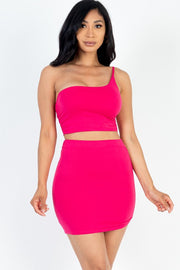 Women's One Shoulder Ruched Crop Top & Mini Skirt Sets