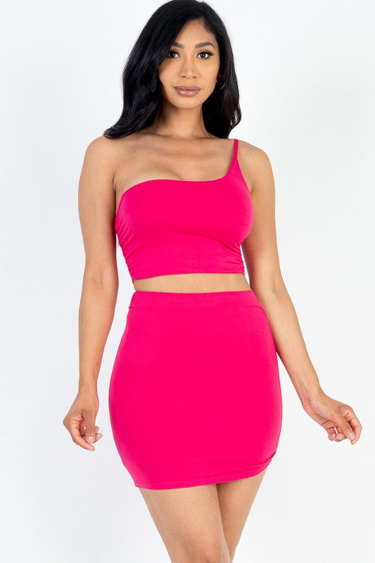 Women's One Shoulder Ruched Crop Top & Mini Skirt Sets