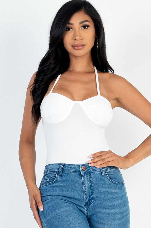 Solid Deep-V Neck Bustier Bodysuit