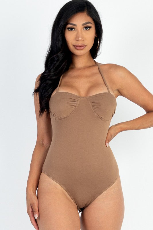 Solid Deep-V Neck Bustier Bodysuit