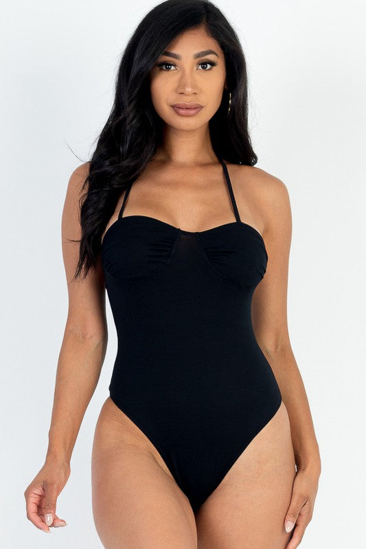 Solid Deep-V Neck Bustier Bodysuit