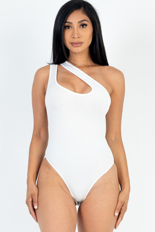 One Shoulder Cut Out Tops Rib Knit Bodysuit For Women