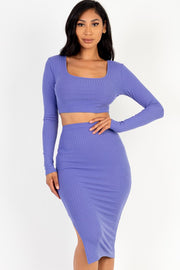 Ribbed Long Sleeve Crop Top & Skirt Set