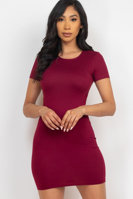 Round Neck Open Back Mini Bodycon Dress